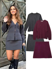 V-Neck Cardigan & High-Waist Mini Skirt Set - Trendy Mix