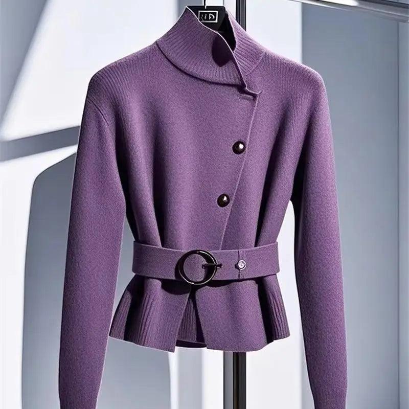 High End Turtleneck Wool Knit Sweater Women Autumn Winter Design Slanted Button Cashmere Cardigan Soft Purple Knitwear Belt - Trendy Mix