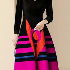 Office Ladies Striped Geometric Printed Midi Party Dress 2024 Spring Autumn Elegant Black V-neck Slim Evening Dresses for Women - Trendy Mix