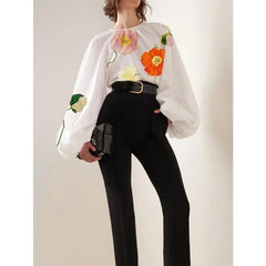 Womens elegent Blouses shirts 2024 autumn spring Women clothing Long Sleeves Loose Pleated Flower Print Tops Ladies - Trendy Mix