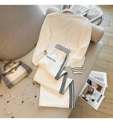 Women Knitted 2 Piece Suit Sweater cardigan Top And Pant Two Piece Set Matching Outfit Stripe Elegant Chic Winter Clothing - Trendy Mix