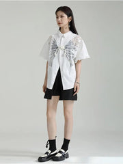 Butterfly Print White Short Sleeve Shirt - Trendy Mix