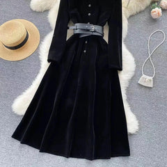 French Vintage A-Line Long Dress with Bel - Trendy Mix