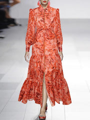 Printed Fashion Elegant Dresses For Women Lapel Lantern Sleeve Single Breasted Bandage Midi Dress 2024 Summer New - Trendy Mix