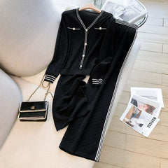 Women Knitted 2 Piece Suit Sweater cardigan Top And Pant Two Piece Set Matching Outfit Stripe Elegant Chic Winter Clothing - Trendy Mix
