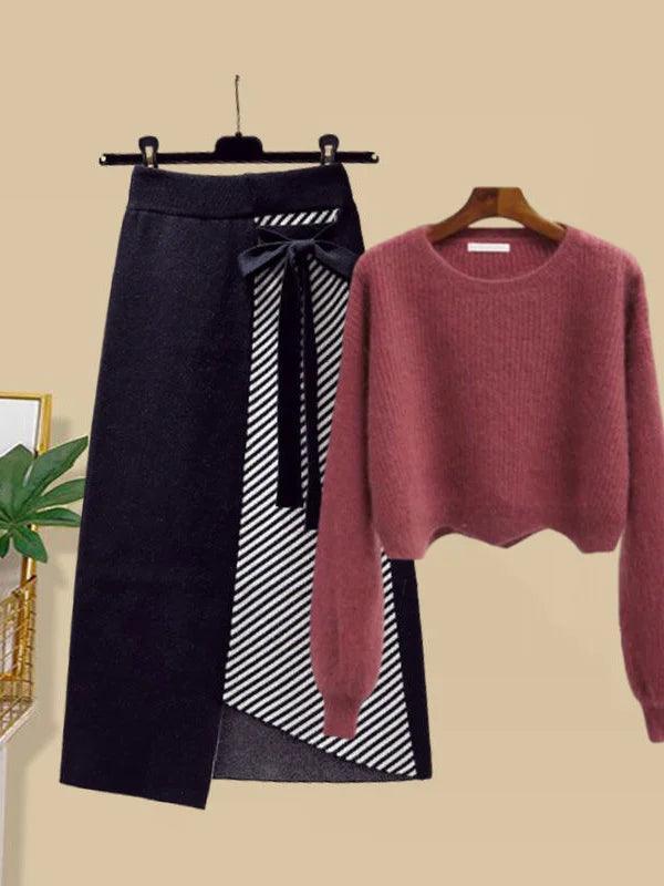 Women Autumn Winter Warm Knitted Two Pieces Sets Korean Long Sleeve Pullover Sweater Top And High Waist Skirts Sets - Trendy Mix