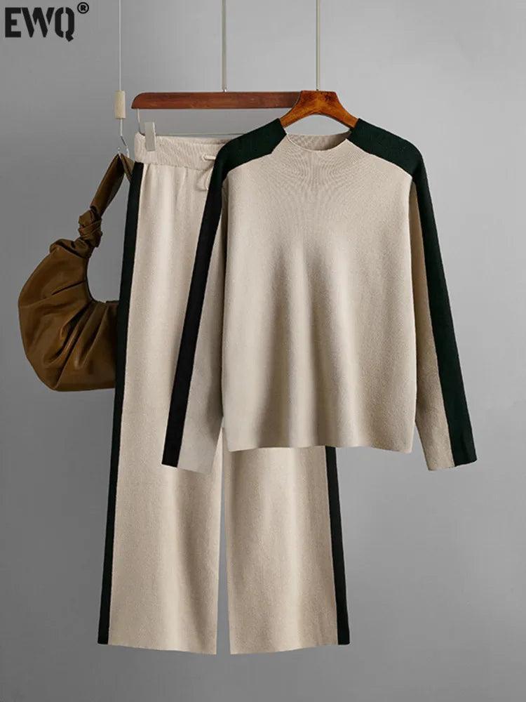 Warm Ladies Clothing O Collar Long Sleeve Loose Sweater Casual Top High Waist Pants Black Trousers 2 Piece Set 2024 Autumn - Trendy Mix