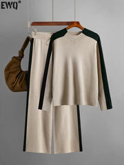 Warm Ladies Clothing O Collar Long Sleeve Loose Sweater Casual Top High Waist Pants Black Trousers 2 Piece Set 2024 Autumn - Trendy Mix