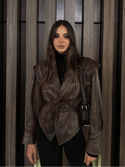 2024 Lace-Up Lapel Leather Jacket with Pockets - Trendy Mix