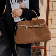 High-Class Camel Suede Leather Tote – Elegant Commuter Briefcase - Trendy Mix