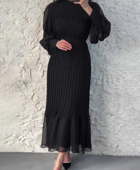 Women Evening Dress Long Lantern Sleeves Pleated Dress See-through Mesh Stand Collar Tight Waist Ruffle Patchwork Maxi Dress - Trendy Mix