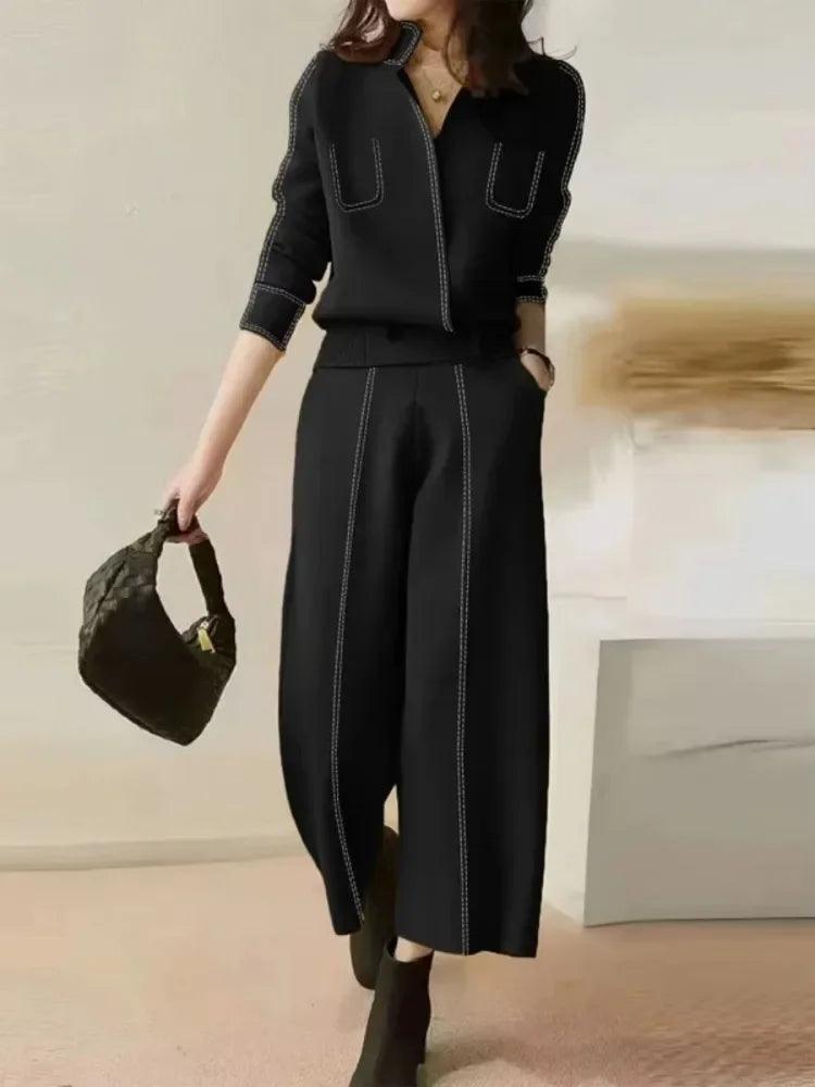 Women Urban Fashion Long Sleeve Split-Joint V-Neck Cardigan Tops & High Waist Loose Casual Pants Suits 2024 Autumn - Trendy Mix