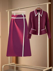 Red Knit Cardigan & High-Waist Skirt Set