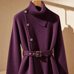 Design Turtleneck Wool Knit Sweater Women Autumn French Retro Purple Cashmere Pullover Luxury Slanted Button Knitwear - Trendy Mix