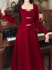 Autumn Elegance: Luxe Red Patchwork Maxi Dress - Trendy Mix