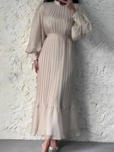 Women Evening Dress Long Lantern Sleeves Pleated Dress See-through Mesh Stand Collar Tight Waist Ruffle Patchwork Maxi Dress - Trendy Mix