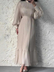 Women Evening Dress Long Lantern Sleeves Pleated Dress See-through Mesh Stand Collar Tight Waist Ruffle Patchwork Maxi Dress - Trendy Mix