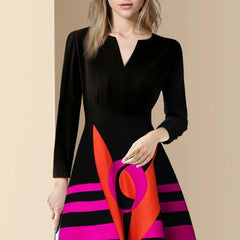 Office Ladies Striped Geometric Printed Midi Party Dress 2024 Spring Autumn Elegant Black V-neck Slim Evening Dresses for Women - Trendy Mix