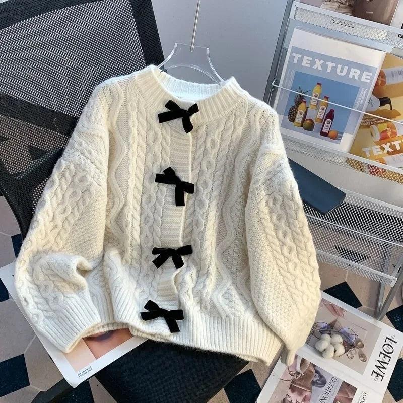 Vintage Knitted Cardigan with Bow for Women - Trendy Mix