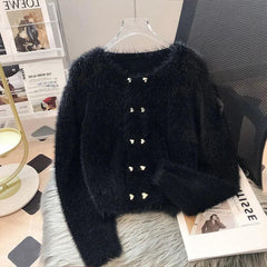 Imitation Mink Fur Knitted Cardigan 2024 New Autumn Clothing Women's Short Round Neck Small Fragrant Style Top Sweater Jacket - Trendy Mix