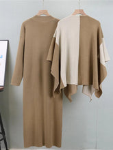 Elegant Block Color Cloak Shawl With Half High Collar Long Sleeves Knitted Dress Two Piece Set 2024 Autumn - Trendy Mix