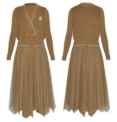 Winter Fashion Runway Brown Vintage Knitting Skirt Set Women O Neck Top+V Neck Brooch Coat+Long Mesh Skirt 3 Pieces Set - Trendy Mix