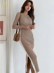 Winter Color Matching Office Pencil Elastic Knitted Dress Women Bottoming Sheath Dresses Work Bodycon Vestidos New - Trendy Mix