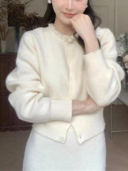 Handmade Pearl Collar Knit Cardigan & A-Line Skirt Set - Trendy Mix