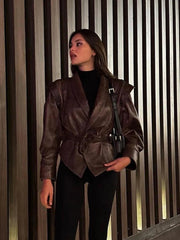 2024 Lace-Up Lapel Leather Jacket with Pockets - Trendy Mix