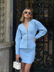 V-Neck Cardigan & High-Waist Mini Skirt Set - Trendy Mix