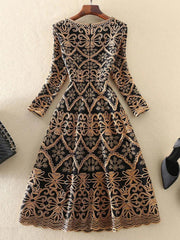 3D Gold Flower Embroidery Midi Dress - Trendy Mix