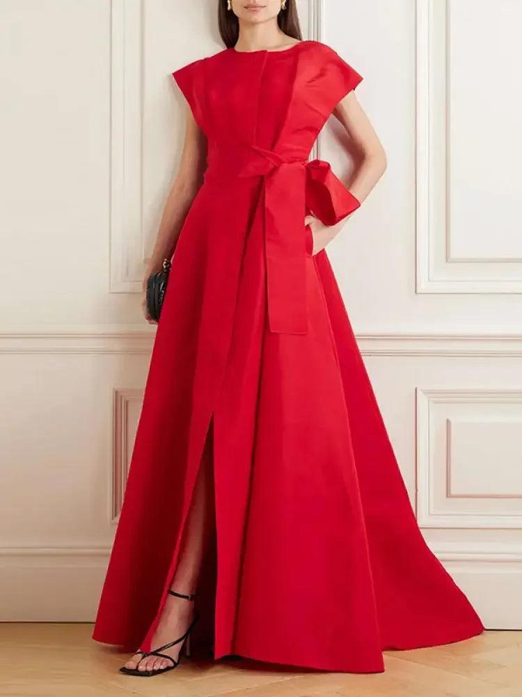 Women ‘s Party Evening Prom Red Dress Summer Round Neck Sleeveless Tied High Waisted Pleated Formal Maxi Dresses - Trendy Mix