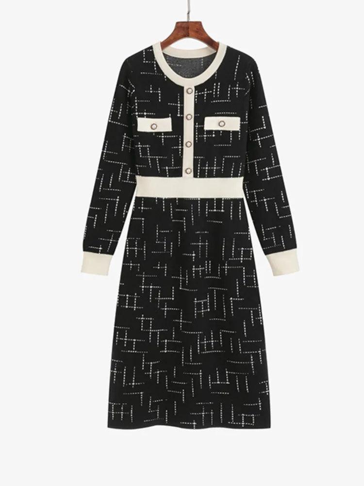 Vintage New Women's Clothing Elegant Slim Casual 2024 Korean Fashion Buttons Lady O-neck Long Sleeve Temperament Dresses Sweet - Trendy Mix