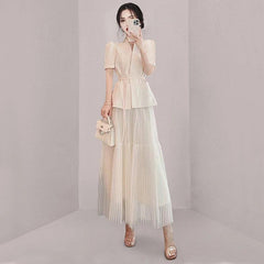 Elegant Spring 2-Piece Blazer & Pleated Skirt Set - Trendy Mix