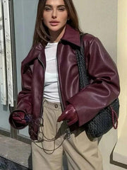 Faux Leather Lapel Jacket with Zipper - Trendy Mix