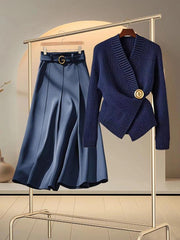 Retro Navy Blue Sweater & A-Line Maxi Skirt Set - Trendy Mix
