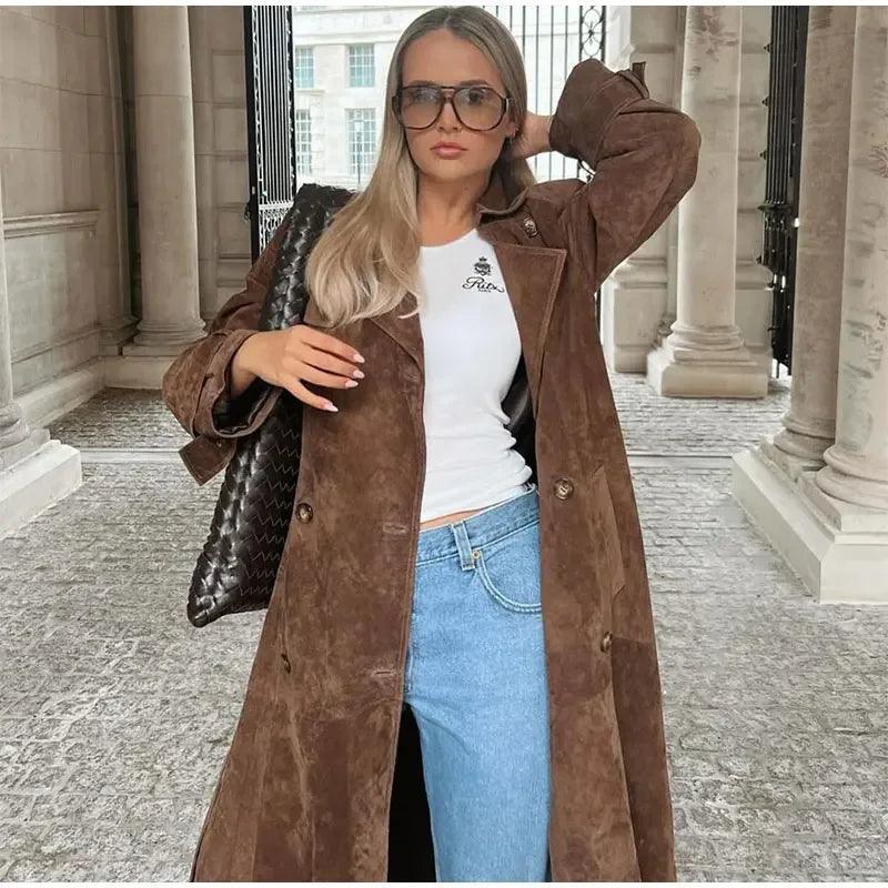 Women Khaki Faux Leather Long Coat With Belt Fashion Double-breasted Lapel Oversize Overcoat Autumn - Trendy Mix