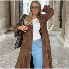 Women Khaki Faux Leather Long Coat With Belt Fashion Double-breasted Lapel Oversize Overcoat Autumn - Trendy Mix