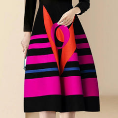 Office Ladies Striped Geometric Printed Midi Party Dress 2024 Spring Autumn Elegant Black V-neck Slim Evening Dresses for Women - Trendy Mix