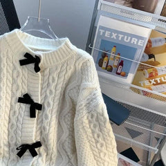 Vintage Knitted Cardigan with Bow for Women - Trendy Mix