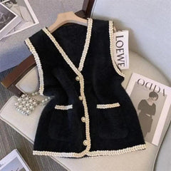 Vest Women's 2024 New V-neck Knitted Vest Mink Fleece Sweater Women's Spring and Autumn Wear Vests Tank Top - Trendy Mix