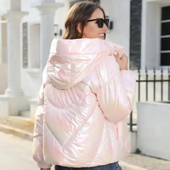 Women Winter Shiny Parkas Hooded Puffy Bread Jacket Ladies Purple Blue Colorful Cotton Coat Warm Loose Parkas Streetwear S-XXL - Trendy Mix