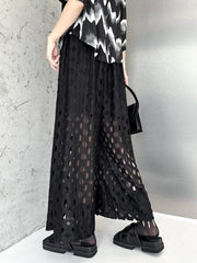 High Elastic Waist Black Hollow-Out Wide Leg Pants - Trendy Mix