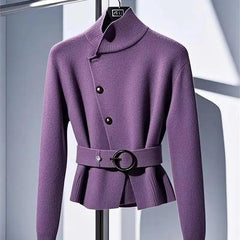 High End Turtleneck Wool Knit Sweater Women Autumn Winter Design Slanted Button Cashmere Cardigan Soft Purple Knitwear Belt - Trendy Mix