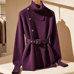 Design Turtleneck Wool Knit Sweater Women Autumn French Retro Purple Cashmere Pullover Luxury Slanted Button Knitwear - Trendy Mix