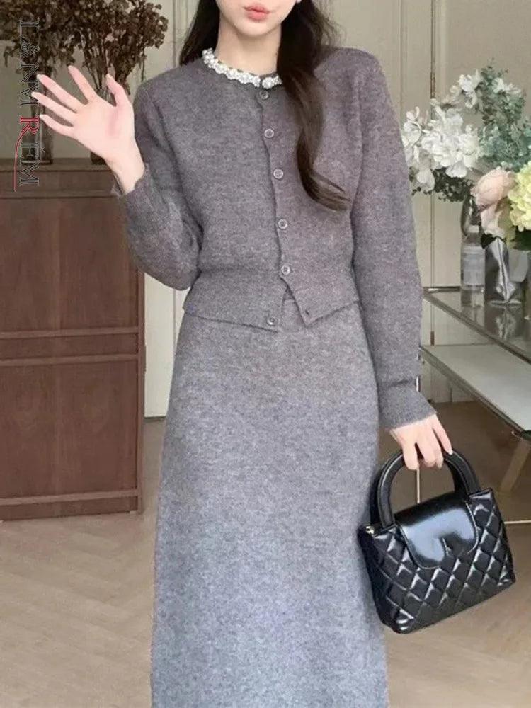 Handmade Pearl Collar Knit Cardigan & A-Line Skirt Set - Trendy Mix