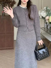 Handmade Pearl Collar Knit Cardigan & A-Line Skirt Set - Trendy Mix