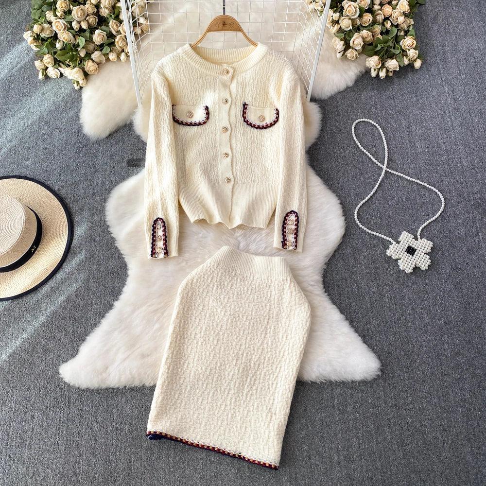 Women Autumn Fashion Suits Small Fragrance O-Neck Single Breasted Cardigan + High Waist Wrap Hip Skirts 2 Pieces Sets - Trendy Mix