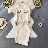 Women Autumn Fashion Suits Small Fragrance O-Neck Single Breasted Cardigan + High Waist Wrap Hip Skirts 2 Pieces Sets - Trendy Mix