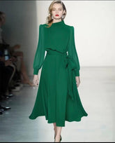 Designer Dress Long Lantern Sleeve Vintage Belt Slim Fit Solid Color - Trendy Mix